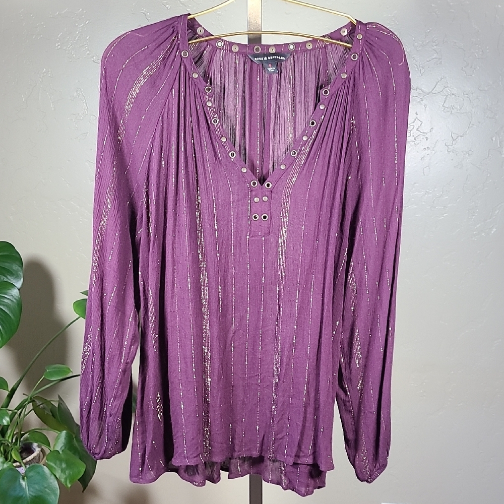 Rock & Republic Purple Pleated Blouse with Relaxed Fit